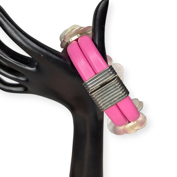 Pink & Floral Leather Band Bracelet with Magnetic Closure - Picture 3 of 8